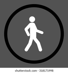 Walking vector icon. This rounded flat symbol is drawn with black and white colors on a gray background.