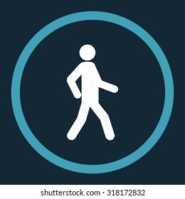 Walking vector icon. This rounded flat symbol is drawn with blue and white colors on a dark blue background.