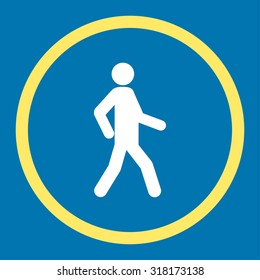 Walking vector icon. This rounded flat symbol is drawn with yellow and white colors on a blue background.