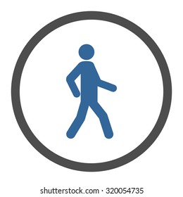 Walking vector icon. This rounded flat symbol is drawn with cobalt and gray colors on a white background.