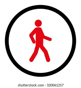 Walking vector icon. This rounded flat symbol is drawn with intensive red and black colors on a white background.