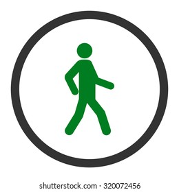 Walking vector icon. This rounded flat symbol is drawn with green and gray colors on a white background.