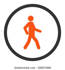 Walking vector icon. This rounded flat symbol is drawn with orange and gray colors on a white background.