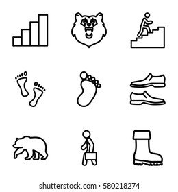 walking vector icons. Set of 9 walking outline icons such as bear, foot print, man shoe, boot, man with case, stair, man climbing stairs