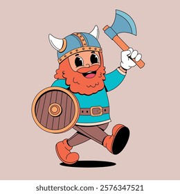 Walking viking retro cartoon mascot