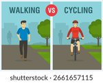 Walking vs cycling: which is better. Fitness exercise. Front view of a walking male character and bicycle rider. Flat vector illustration template.