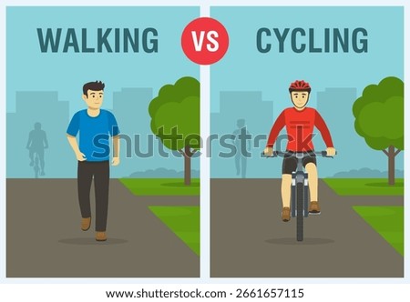Walking vs cycling: which is better. Fitness exercise. Front view of a walking male character and bicycle rider. Flat vector illustration template.