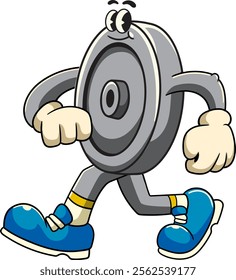 Walking Weight Plate Gym in Retro Cartoon Character Vector Illustration