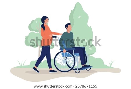 Walking with wheelchair user outdoors - Woman assisting disabled or injured man talking a walk in park or nature getting some fresh air. Flat design vector illustration on white background