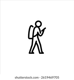 andando enquanto olha para um ícone de contorno de smartphone. stickman ilustração de arte na linha.