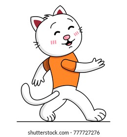 A Walking White Cat In An Orange T-shirt On A White Background. Material Design Vector Illustration EPS 10