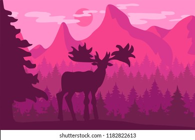 Walking Wild Deer In Forest Near Mountains. Sunset or sunrise. Vector