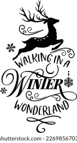 Walking in a winter b, Christmas quote handwritten on black background decorated with red santa hat and mittens. Winter holidays greeting, calligraphy inscription.