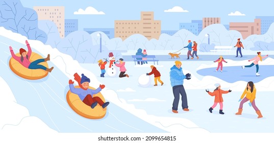 Walking in winter park. Active people in snow landscape, wintering family outdoor activities, skiing ice skating rink sled making snowman christmas holiday vector. Illustration of activity park winter