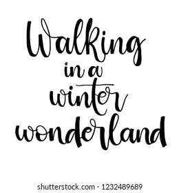 Walking in a winter wonderland phrase for poster or design for cups,  vector illustration. Modern brush calligraphy. Isolated on white background.