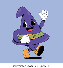 Walking witch hat retro cartoon mascot