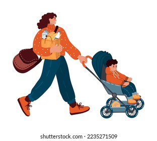 Walking woman with baby in a stroller.Female character holds a package with purchased groceries in her hands.A happy mother with a child.Vector clip-art on white background.Cartoon flat illustration.