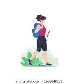 Eine Frau mit Rucksack zu Fuß ist im Freien unterwegs. Trekking- und Wandertouren. Erkunden Sie Trekking. Tourismus und Abenteuer in der Natur. Vektorillustration Illustration flach Stil.