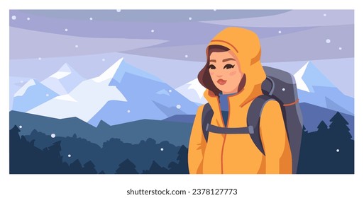 Walking woman with backpack is traveling in outdoor. Trekking and hiking tours. Winter time in the mountains. Vector illustration flat style.