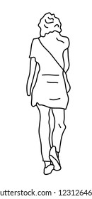 Walking woman with bag silhouette, black and white sketch.