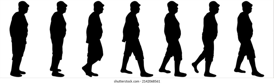 Walking. Woman in a cap and shorts. Women walk one after another. Woman 80 years old. Human poses are suitable for motion animation. Seven black female silhouettes are isolated on a white background.	