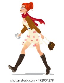 walking woman character. fashion girl. cute cartoon girl in dress holding smartphone. woman goes shopping