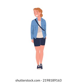 Walking Woman Character Strolling in the Street and Smiling Vector Illustration