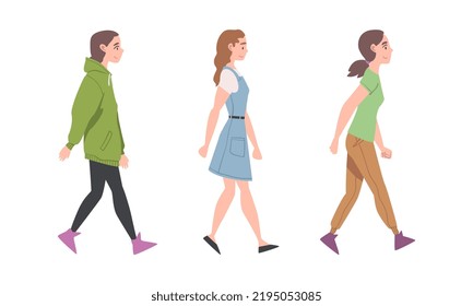 Walking Woman-Zeichen, das Schritt für Schritt Vektor-Illustrationssatz nach vorn zeigt