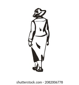 Walking woman. Hand drawn eople sketch. Vector outline