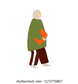 Walking woman holding a folder in her hands. Vector hand drawn illustration.