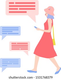 Walking woman holding smartphone and chatting.  Female cartoon character with mobile phones. Flat vector illustration. Message text bubble.  