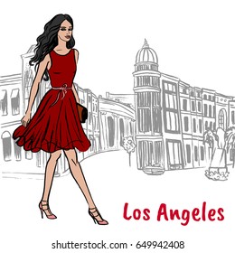 Walking woman on Rodeo Drive in Los Angeles. Hand-drawn illustration. Fashion sketch