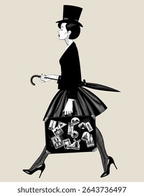 Walking woman in retro clothes carrying old suitcase with set of travel labels and folded umbrella. Vector illustration in black and white engraving style