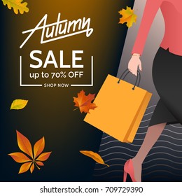 Walking woman with shopping bag. Falling autumn foliage. Creative autumn sale illustration. Vector eps 10.