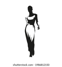 Walking woman in summer dress, catwalk, isolated vector silhouette, ink drawing. Female fashion model, front view