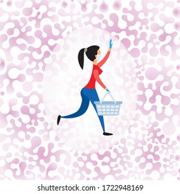 Walking woman  wearing  medical mask and rubber gloves holds empty shopping basket.Shopping during pandemic.Symbolic seamless background of dangerous environment of Covid-19 pandemic.