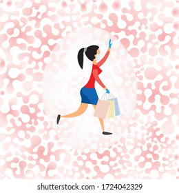 Walking woman  wearing  medical mask and rubber gloves holds shopping bags.Shopping during pandemic.Symbolic seamless background of dangerous environment of Covid-19 pandemic.