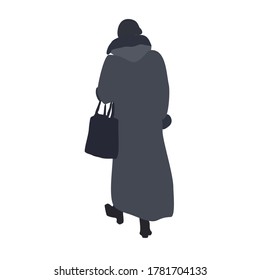 Walking woman in a winter gray coat. Vector drawing of an adult. Person's staffage for images