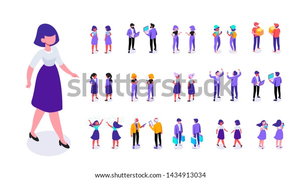 歩く女性 異なるアイソメ人 男性と女性3d 正面と背面図 白い背景にベクターフラットイラスト のベクター画像素材 ロイヤリティフリー