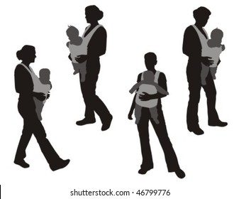 Walking women with baby carrier.