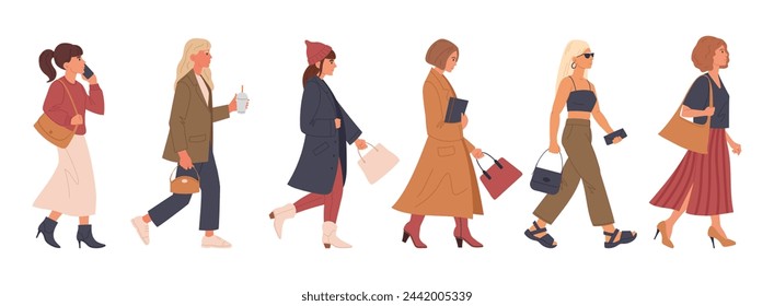 Walking women. Female characters going shopping, office or walking, pedestrians walk, girls walk together flat vector illustration set. Women diverse group on walk