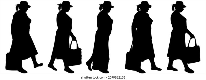 Walking women follow each other. Series for animation. A woman in a hat, skirt, blouse, dress with a handbag. A business lady is holding a bag in hand. Five black female silhouettes isolated on white.