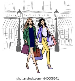 Walking women with shopping bags. Hand-drawn illustration. Fashion sketch