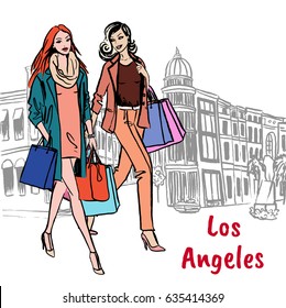 Walking women with shopping bags in Los Angeles. Hand-drawn illustration. Fashion sketch