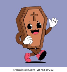 Walking wooden coffin retro cartoon