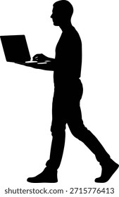 Walking to work silhouette vector illustration featuring person carrying laptop bag and coffee.