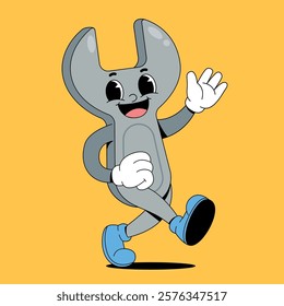 Walking wrench retro cartoon mascot