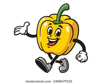 walking yellow Paprika bell pepper cartoon mascot illustration character vector clip art hand drawn