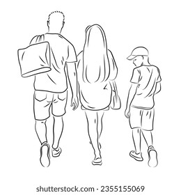 Walking young couple and a boy, back view. Black sketch, line art. 