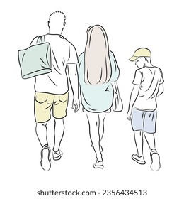 Walking young couple and a boy, back view. Sketch with color spots, line art. 